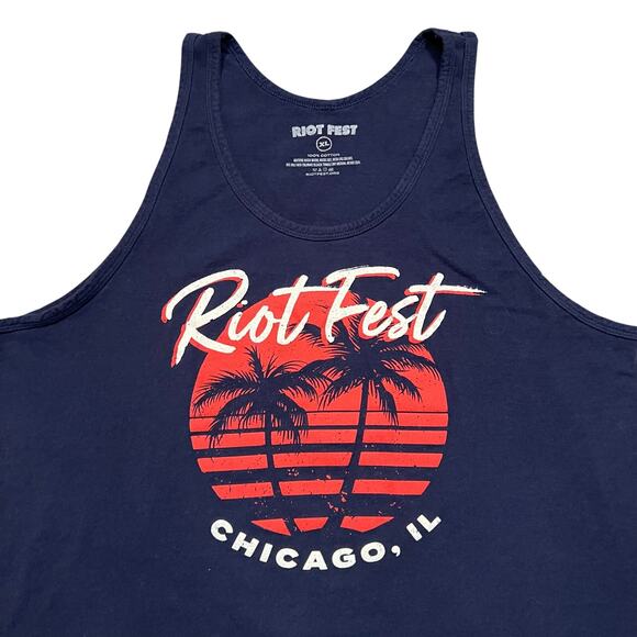 Riot Fest Music Festical Chicago IL Palm Trees Sunset Navy Tank Top Mens Size XL - Picture 3 of 4